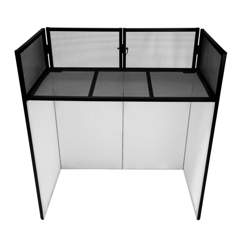 DJ Disco Booth Stand Mixer Shelf Foldable Portable Screen Table Powder Coated Steel Interchangeable Stretch Cloth Panels 1 x Black & 2 x White Cloths Carry Storage Bag Secure Handle Lock Complete Set