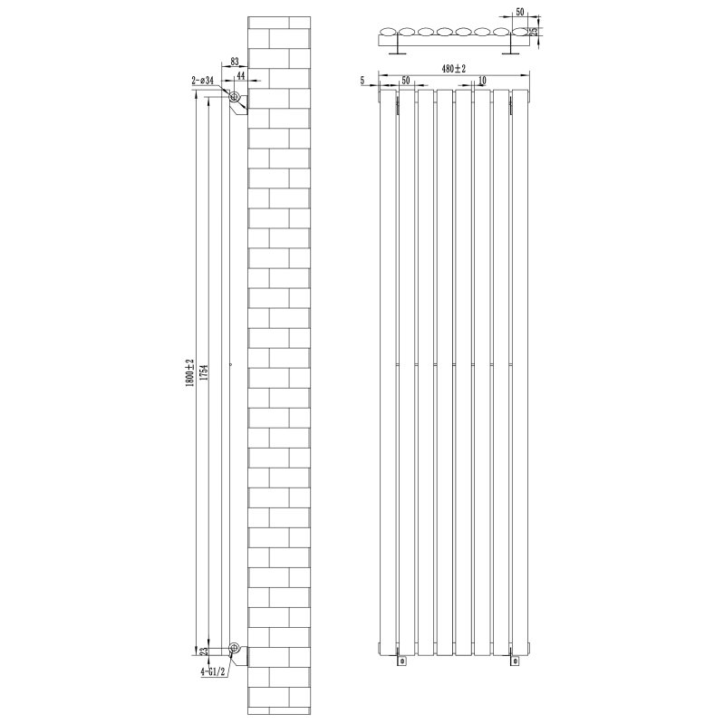Oval Single Column Radiator & Valves - 1800mm x 480mm - Black