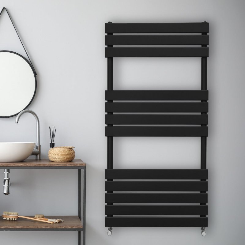 Vertical Towel Radiator Designer Flat Panel 1200mm x 600mm Bathroom Heated Rail Matt Black Central Heating Ladder Heater Wall Mounted Carbon Steel FREE Cleaning Brush Fixing Kit & Brackets