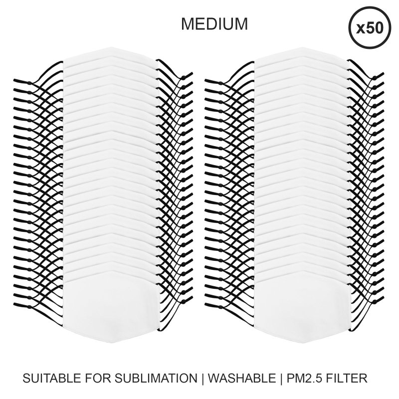 Sublimation Face Masks White Blank / 50 Pack Of Medium Facemasks / 5 Layer Filter Custom Print Heat Transfer Press Customise Personalise Dye Printing Reusable