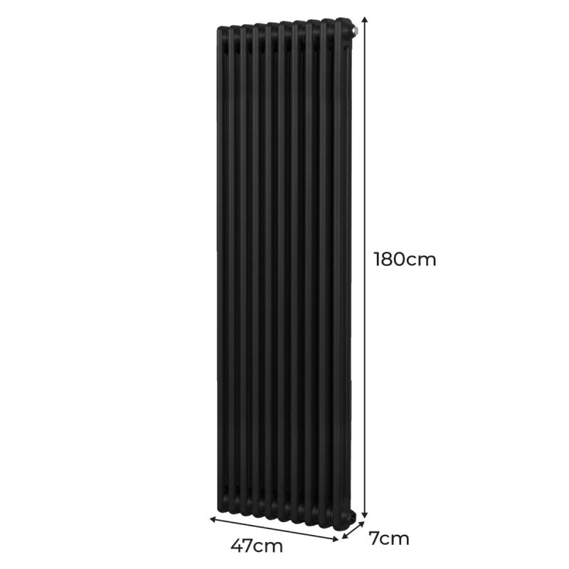 Traditional 2 Column Radiator 1800mm x 472mm Modern Central Heating Heater Matt Black Carbon Steel Vertical Wall Mounted Kitchen Living Room Bathroom Cleaning Brush Fixing Kit & Brackets