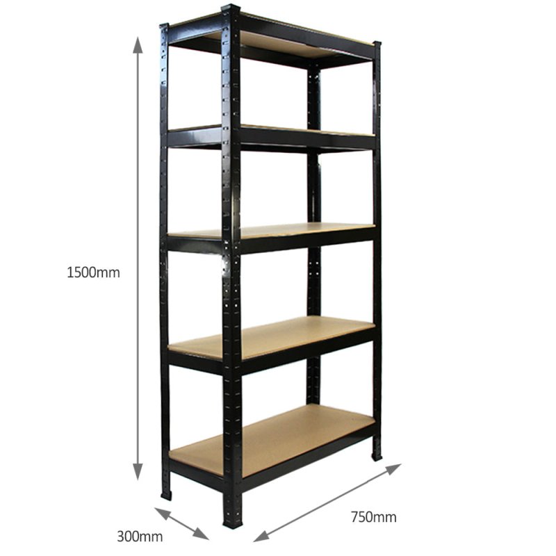 8 x Black Racking Bay Unit 5 Tier Heavy Duty Steel Metal 150kg capacity Per Shelf Garage Shelves Storage Warehouse Shed Workshop Boltless Shelving 75cm x 150cm x 30cm Free Rubber Mallet