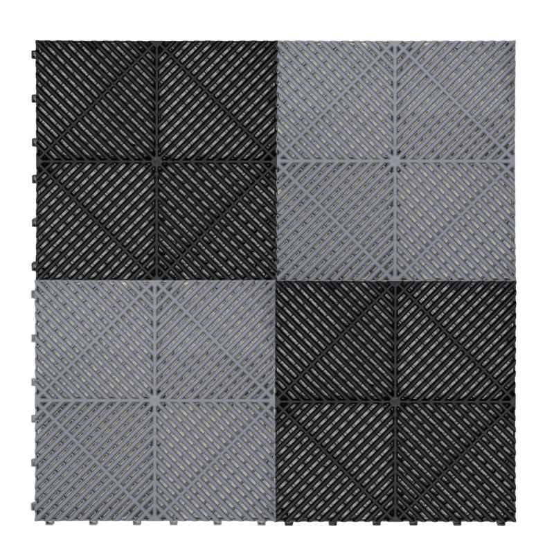 Vented Modular Interlocking Flooring Tiles & Edges 165 Grey & 60 Black Double Garage Heavy Duty Floor Mat Showroom Workshop Outdoor Polypropylene Anti Slip Weather Resistant Drainage 6m x 6m 36m2