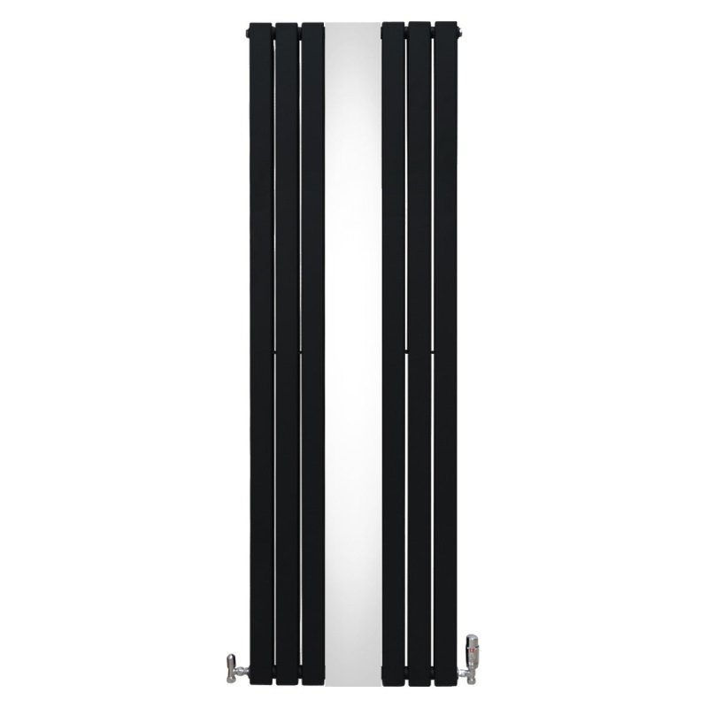 Flat Panel Radiator With Mirror 1800mm x 565mm & TRV Chrome Valves Designer Double Column Vertical Black Carbon Steel Wall Mounted Kitchen Living Room Cleaning Brush Fixing Kit & Brackets