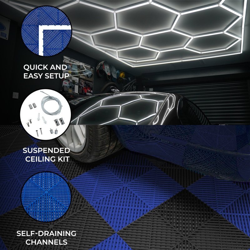 Vented Modular Interlocking Flooring Tiles 60 Black & 60 Blue With Edges & Hexagon LED Lighting 14 White Lights & Border 6500K 3 Mount Options & Suspended Ceiling Kit Single Garage Floor Mat 3.2m x 6m