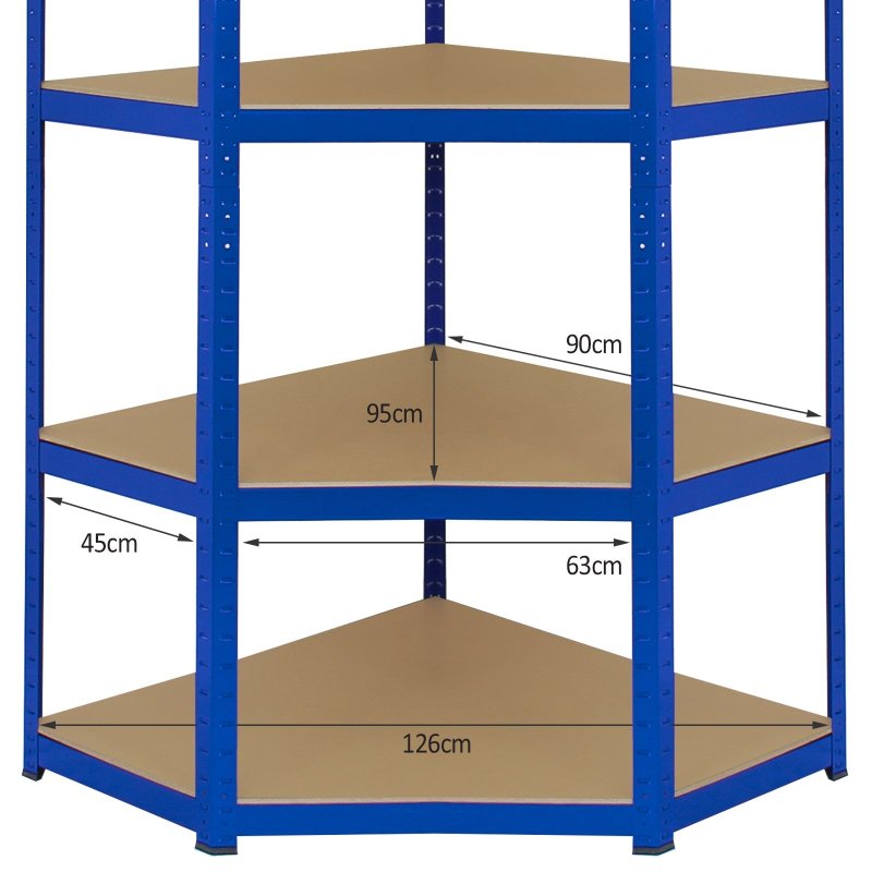 Corner Shelves Garage Racking / 90cm x 45cm x 180cm Racking Storage Unit / 5 Shelves MDF & Steel / 1325kg capacity / 265kg per shelf