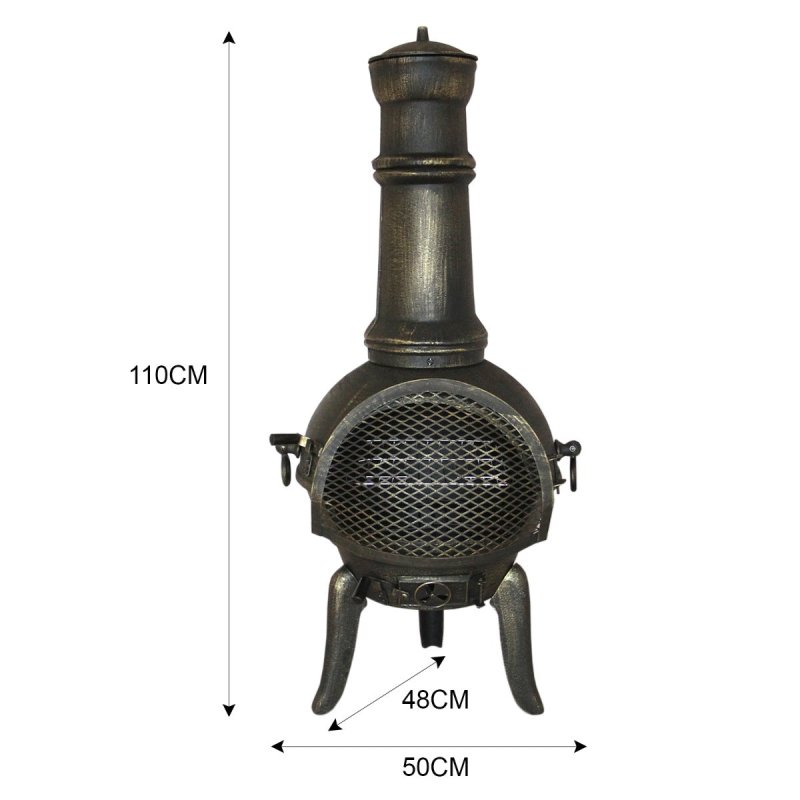 Cast Iron Chiminea Outdoor Garden Patio Heater Log Fire Pit Burner Wood Chimney Chimenea BBQ Spark Guard FREE Poker Barbeque Toasting Rack & 10m Union Jack Bunting 25 Double Sided Flags