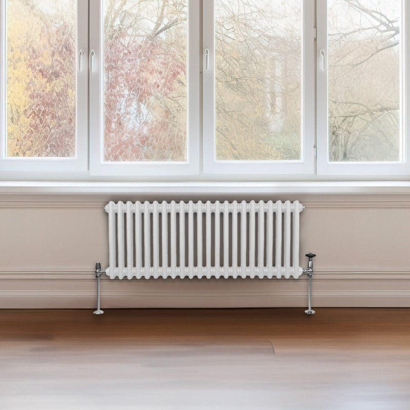 Traditional 2 Column Radiator 300mm x 1012mm Modern Central Heating Heater Gloss White Carbon Steel Horizontal Wall Mounted Kitchen Living Room Bathroom FREE Cleaning Brush Fixing Kit & Brackets