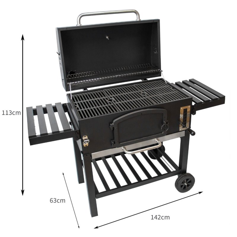 XXL BBQ Smoker Charcoal Barbecue Grill Portable Stainless Steel Adjustable Furnace Thermometer Side Shelves Hanging Hooks Bottle Opener Wheels & Union Jack Bunting Triangle Flags 10m Double Sided