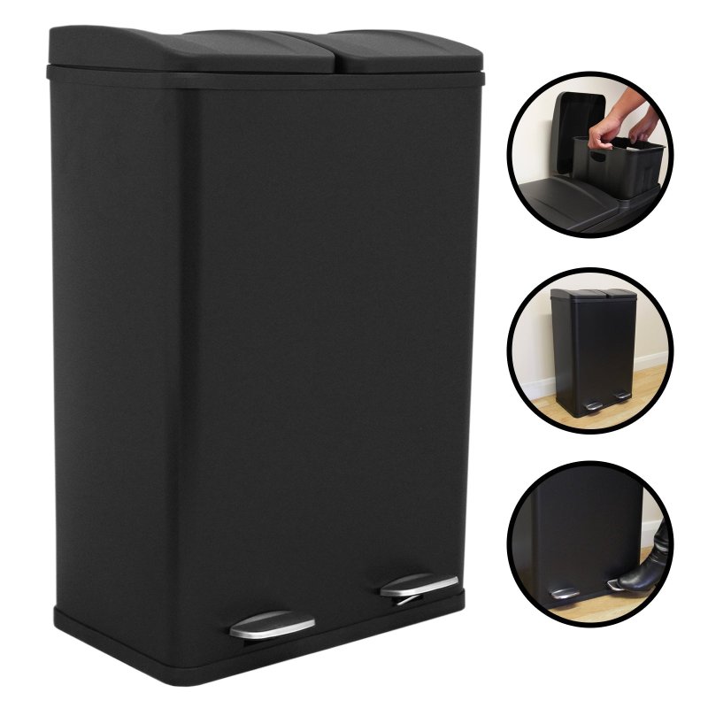 60L Black 2 in 1 Pedal Bin Metal Reycle Rubbish Trash Can Kitchen Waste Dual Compartment 2 x 30L Dual Dustbin Eco Garbage Large Heavy-duty