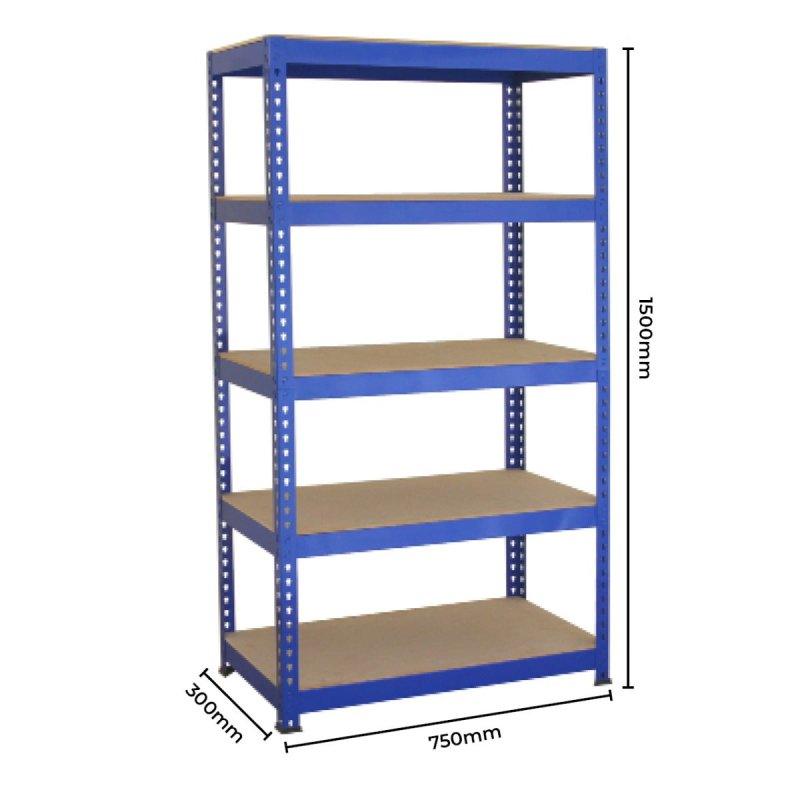 2 x Blue Racking Bay Unit 5 Tier Heavy Duty Steel Metal 150kg capacity Per Shelf Garage Shelves Storage Warehouse Shed Workshop Boltless Shelving 75cm x 150cm x 30cm Free Bay Connectors