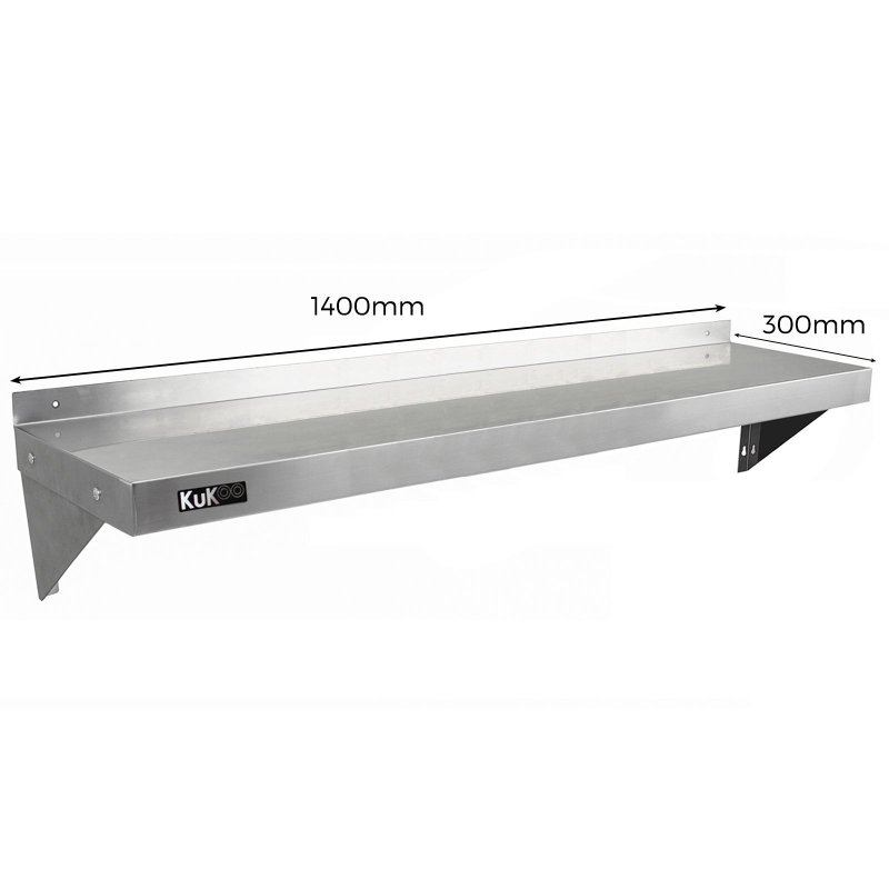KuKoo Commercial Catering Corrosion Resistant x 2 Stainless Steel Kitchen Wall Shelf & Free Microfiber Cloths 1400mm x 300mm