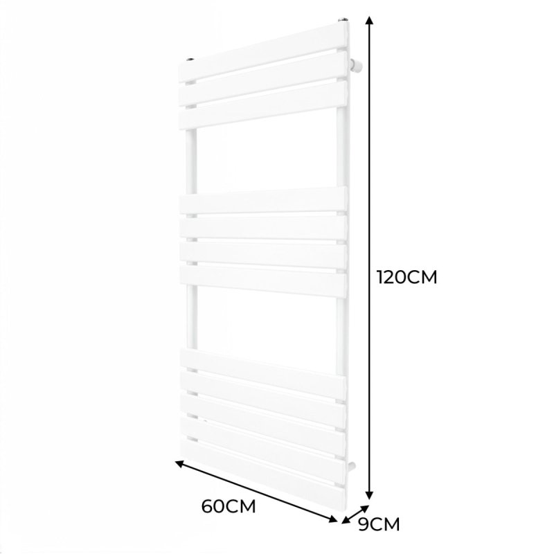 Vertical Towel Radiator Designer Flat Panel 1200mm x 600mm Bathroom Heated Rail Gloss White Central Heating Ladder Heater Wall Mounted Carbon Steel FREE Cleaning Brush Fixing Kit & Brackets