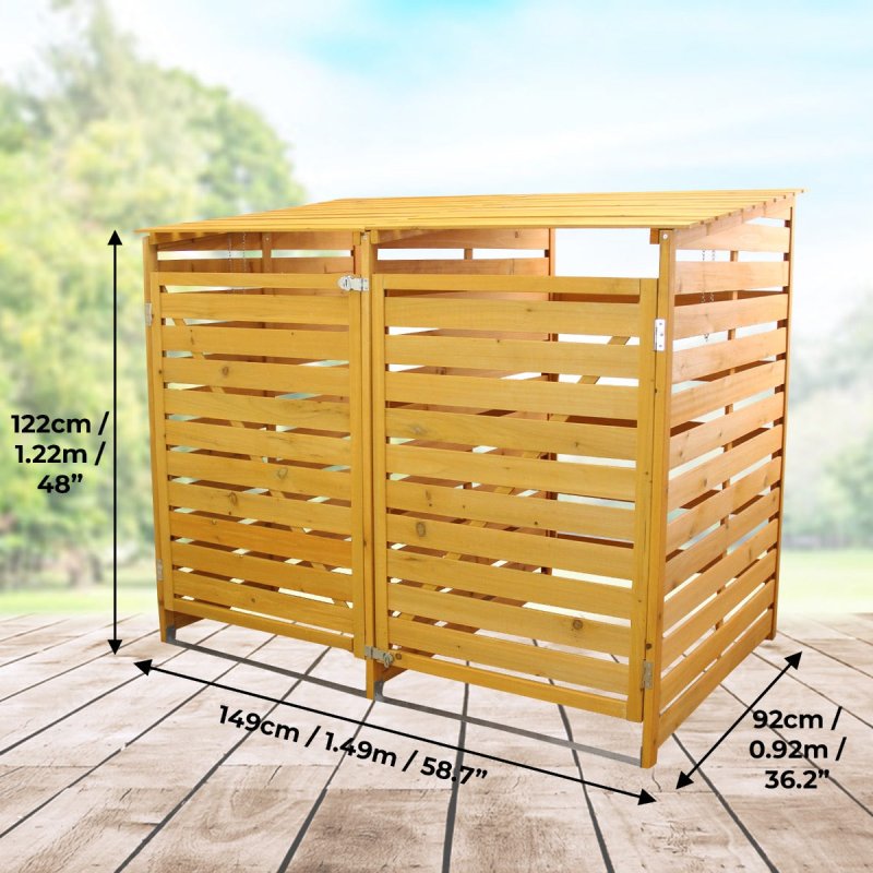 Double Wheelie Bin Storage Shed Store Hideaway Wooden Dustbin Trash Cupboard Outdoor Timber Cover Hinged Lid Lockable Latched Chain Recycling Garden FREE Fixing Kit 122cm (H) x 149cm (W) x 92.5cm (D)