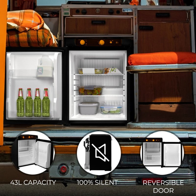 3 Way Absorption Fridge 43L Cooler LPG Gas AC DC 12V 240V Black Camping Caravan Motorhome Leisure Portable Cooler Portable 100% Silent Reversible Left / Right Opening Door Removable Shelves 7 - 14°C