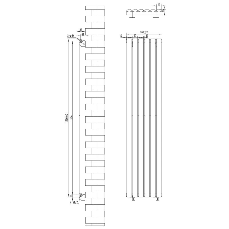 Oval Single Column Radiator - 1600 x 360mm - Black
