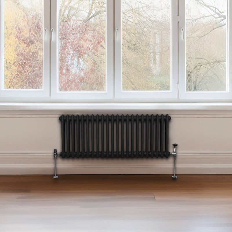 Traditional 2 Column Radiator 300mm x 1012mm Modern Central Heating Heater Matt Black Carbon Steel Horizontal Wall Mounted Kitchen Living Room Bathroom FREE Cleaning Brush Fixing Kit & Brackets