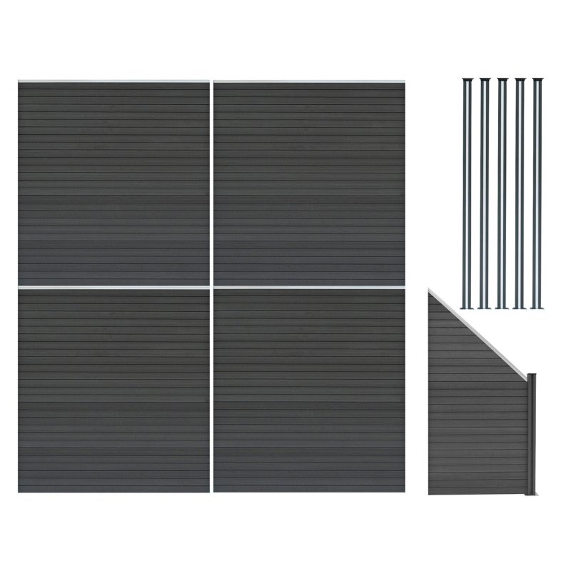 Composite Fence Panels, Angled Piece & LED Posts 6ft x 25ft - Grey