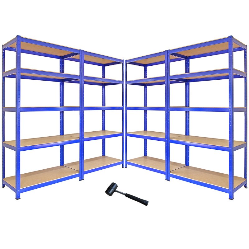 4 x Monster Racking T-Rax Metal Storage Shelves, Blue, 90cm W, 45cm D / 5600kg Capacity / FREE rubber mallet