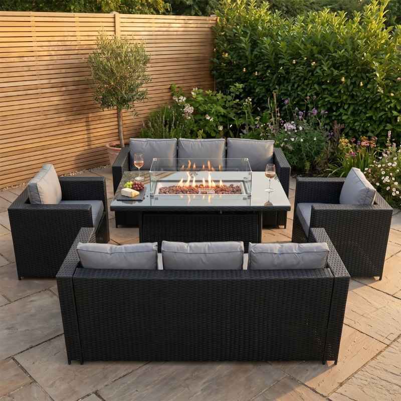 8 Seater Rattan Furniture Set With Firepit - Black