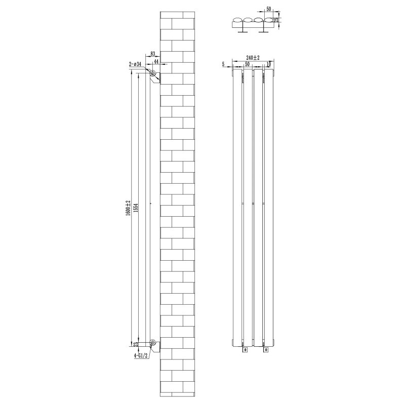 Oval Single Column Radiator & Valves - 1600mm x 240mm - Black