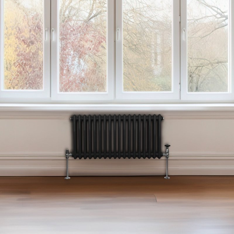 Traditional 2 Column Radiator 300mm x 832mm Modern Central Heating Heater Matt Black Carbon Steel Horizontal Wall Mounted Kitchen Living Room Bathroom FREE Cleaning Brush Fixing Kit & Brackets