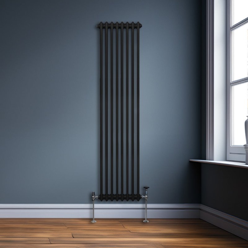 Traditional 2 Column Radiator 1800mm x 382mm Modern Central Heating Heater Matt Black Carbon Steel Vertical Wall Mounted Kitchen Living Room Bathroom Cleaning Brush Fixing Kit & Brackets