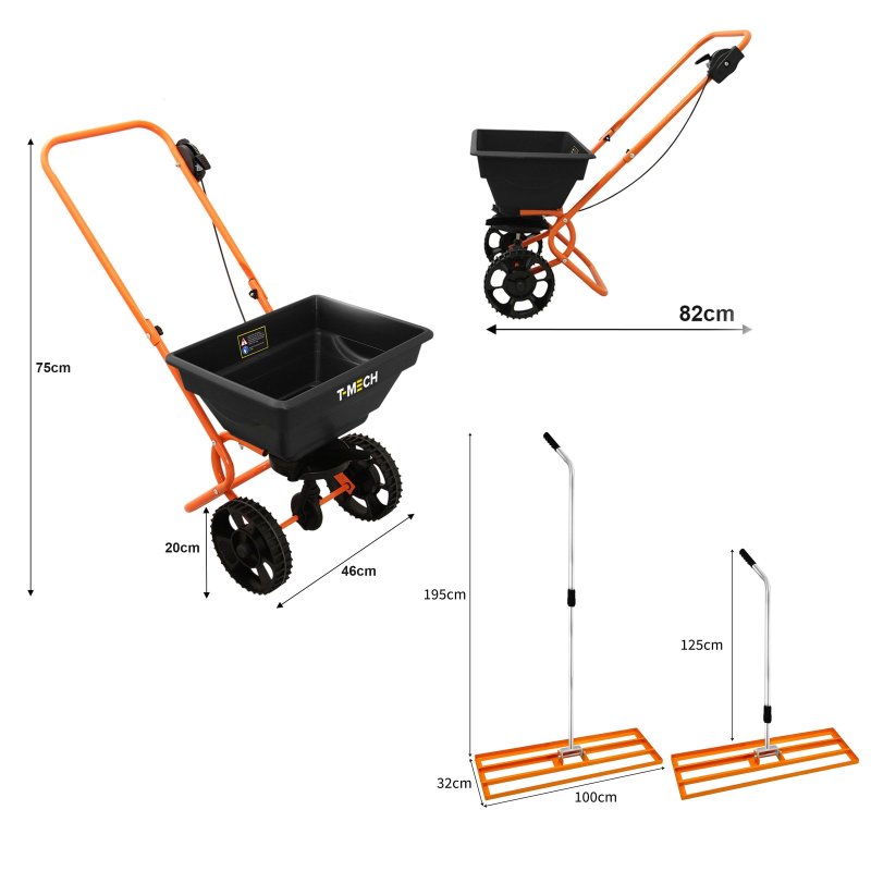 Lawn Leveller & Rotary Spreader Gritter Fertiliser Garden Levelling Rake Lute 100 x 32cm Orange Removable Extendable Handle Salt Grit Sand Seed Rain Cover & Gloves