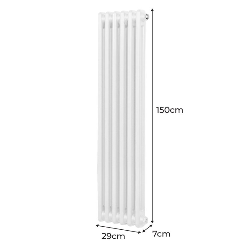Traditional 2 Column Radiator 1500mm x 292mm Modern Central Heating Heater Gloss White Carbon Steel Vertical Wall Mounted Kitchen Living Room Bathroom Cleaning Brush Fixing Kit & Brackets