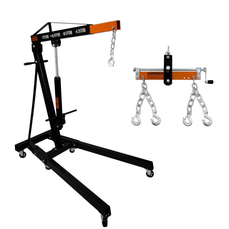 Engine Crane 1 Tonne 1000kg & Load Leveller Hoist 900kg Balancer Support Beam Dual Hooks Chain Hydraulic Pump Handle Folding Legs Lift Jack Stand Portable Workshop Garage 4 JIB Positions Automotive