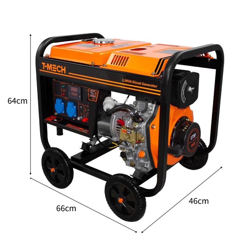 Portable Diesel Generator Open Frame 2kVA 230V 6HP 3.8kW 5 In 1 Digital Display Single Phase Manual Start Emergency Power AC DC Output Powder Coated Steel 12.5L Fuel Capacity Wheels Tool Kit & Funnel