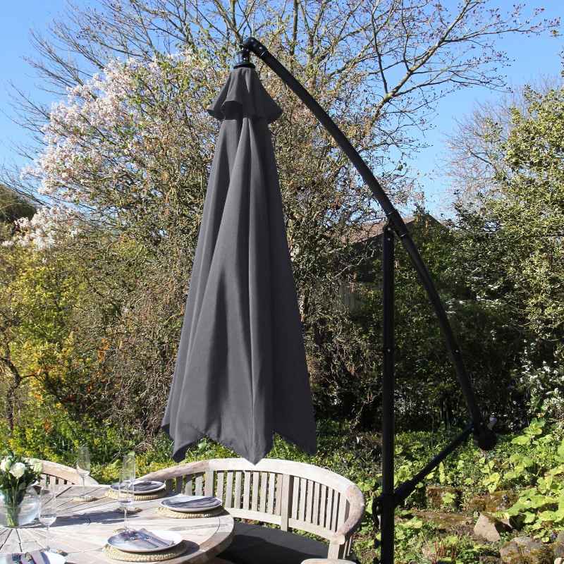 3m Cantilever Garden Parasol Banana Hanging Umbrella Winding Crank Shade Patio Outdoor Sun Shade Tilt UV Protection | Grey Square Base