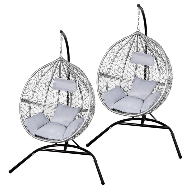 Swing Hanging Egg Chair Rattan Bench Garden Patio Outdoor Indoor Furniture Hammock Basket Seat Grey | with Cushions, Waterproof Cover and Stand
