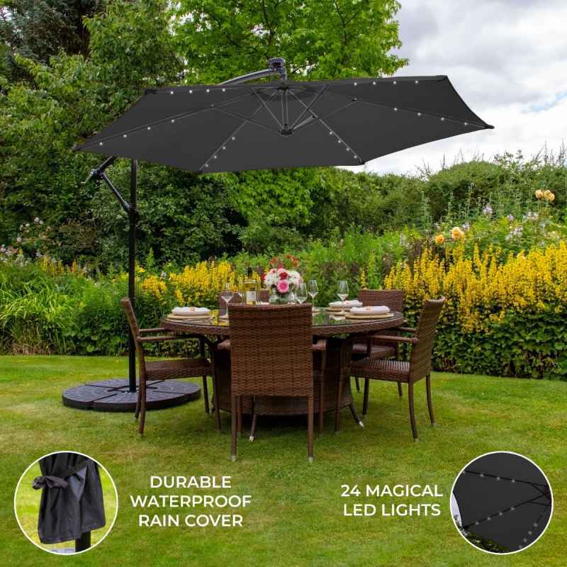 Grey LED Cantilever Parasol 3m Banana Hanging Umbrella Garden Sun Shade Canopy Patio 360 Rotation Tilt UV Protection Winding Crank 24 Solar Powered Cool White LED Lights Waterproof Rain Cover & Base