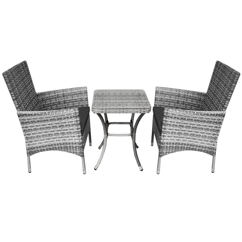 Garden Outdoor Rattan Bistro Set Furniture 3 PCs Patio Weave Companion Chair Table Set Conservatory Balcony 2 Seater Light Grey FREE Rain Cover