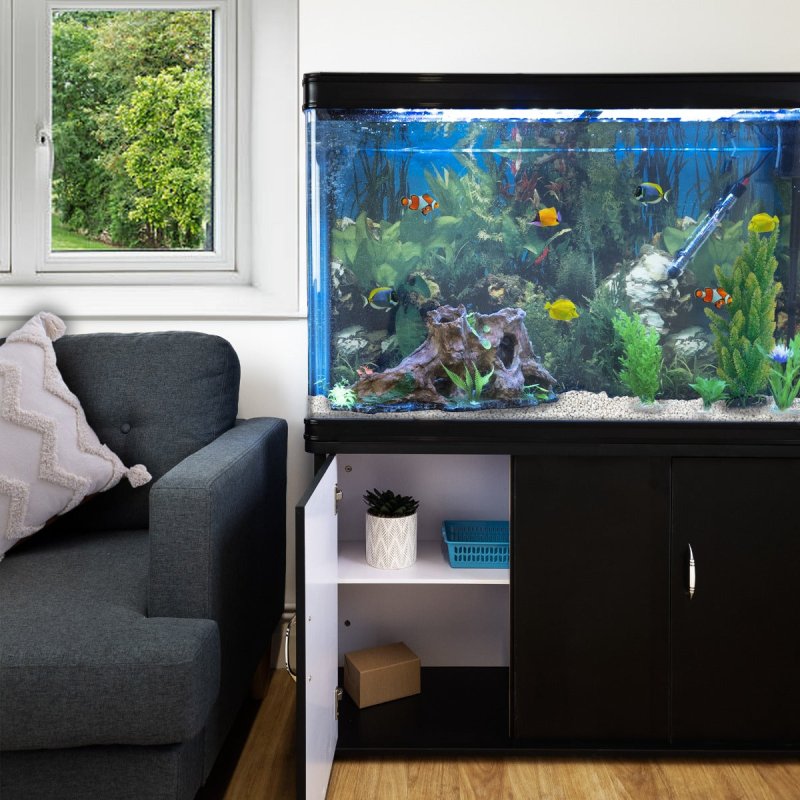 MonsterShop Fish Tank Aquarium & Starter Accessories, Black Cabinet, White Gravel, 4ft, 300L