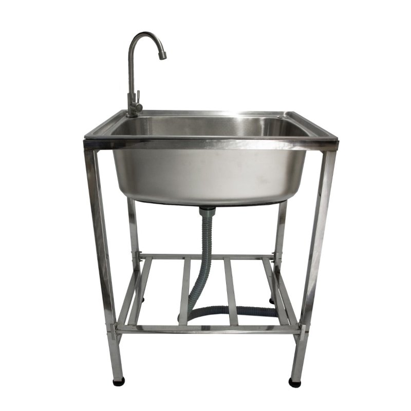 Camping Sink with Tap and Drainage Pipe Outdoor Stainless Steel Metal  Wash Basin Free Standing Portable