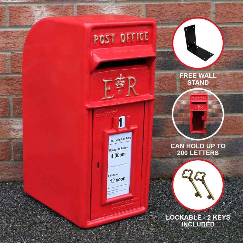 Royal Mail Post Box ER Cast Iron Wall Mounted Wedding Authentic Pillar Replica Lockable Post Office Letter Box Red
