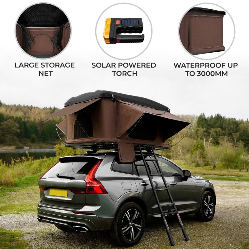 Car Roof Top Tent Brown Large Black Hard Shell Box Gas Assisted Pop Up Bunk 2-3 Person 3000mm Waterproof Camping Telescopic Ladder 5.5cm Mattress Boot Bags Anti Condensation FREE Storage Net & Torch