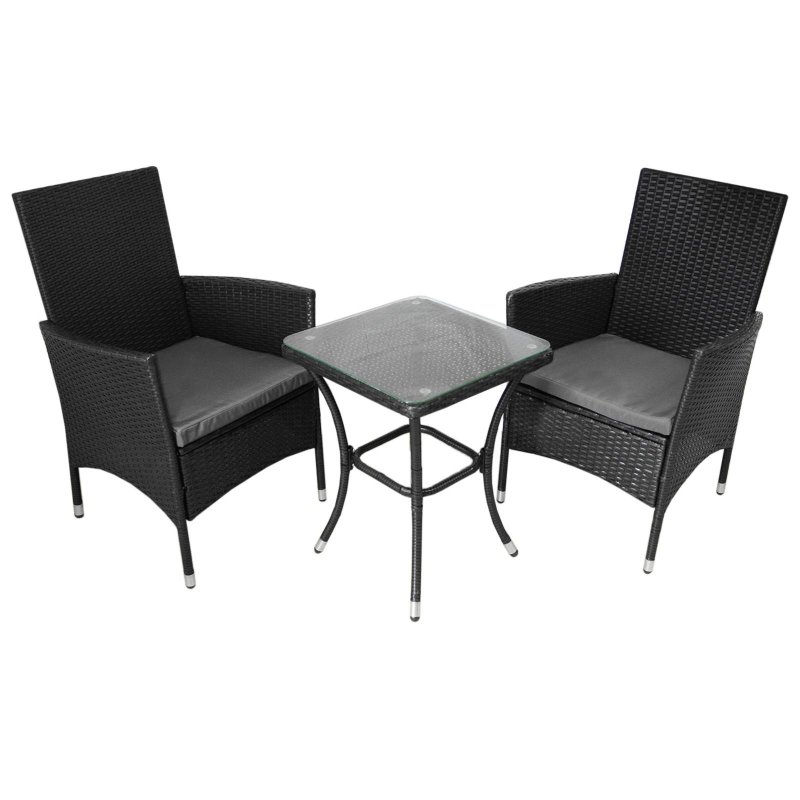 Black Rattan Bistro Set Garden Furniture 3 PCs Patio Weave Companion Outdoor Chairs Table Glass Top Set Conservatory Balcony 2 Seater Grey Cushions Washable Covers UV Protection | FREE Rain Cover