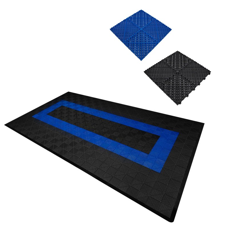 Vented Modular Interlocking Flooring Tiles & Edges 90 Black & 30 Blue Single Garage Heavy Duty Floor Mat Showroom Workshop Outdoor Polypropylene Anti Slip Weather Resistant Drainage 3.2m x 6m 19.2m2