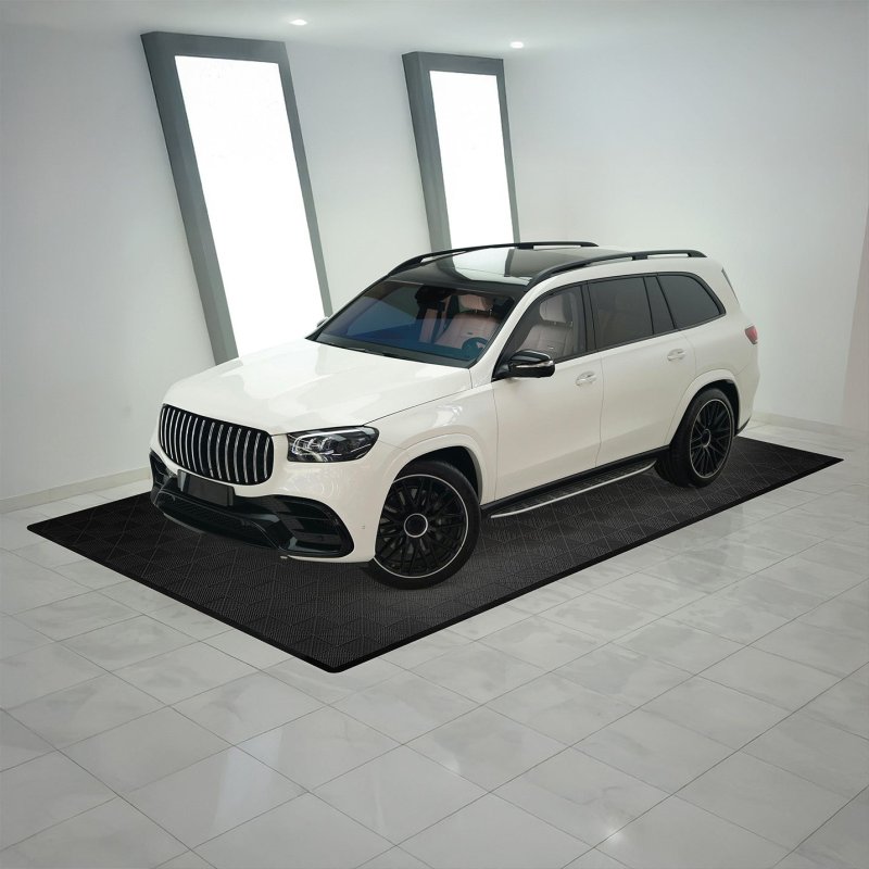 Vented Modular Interlocking Flooring Tiles & Edges 120 x Black Single Garage Heavy Duty Floor Mat Showroom Workshop Outdoor Polypropylene Anti Slip Weather Resistant Drainage Channels 3.2m x 6m 19.2m2