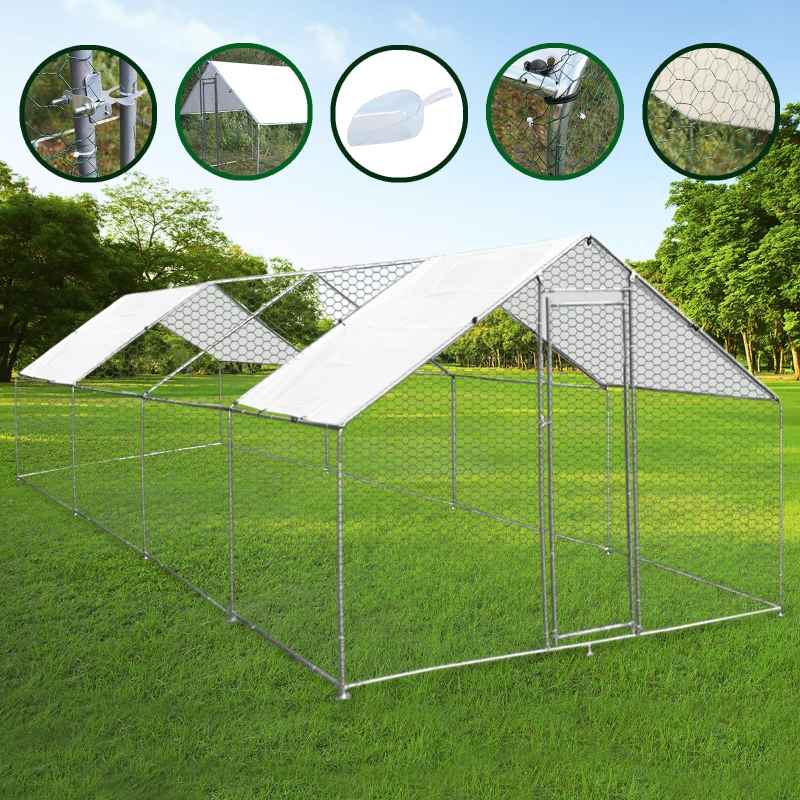 Walk In Chicken Run Cage Coop 3m x 8m x 2m Dog Pen House Kennel Large Metal Enclosure Rabbits Ducks Poultry Roof Cover Shelter Sunshade Pets Outdoor Backyard Farm Animal