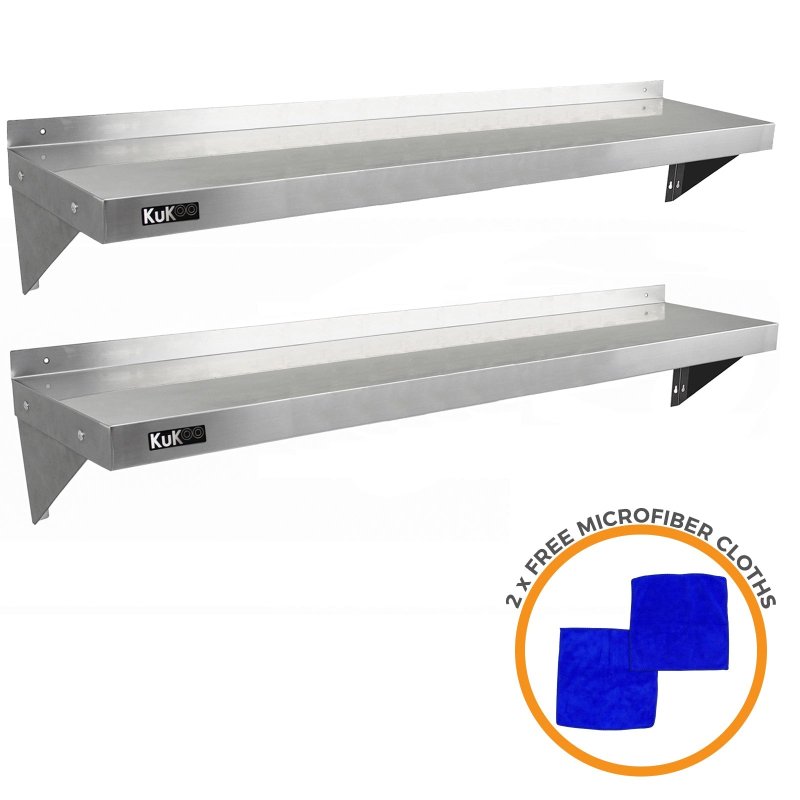 KuKoo Commercial Catering Corrosion Resistant x 2 Stainless Steel Kitchen Wall Shelf & Free Microfiber Cloths 1500mm x 300mm