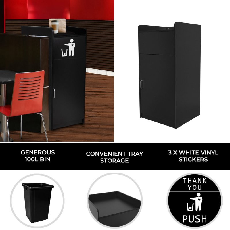 Wooden Litter Bin & Tray Stand Black Finish Commercial Restaurant Food Hall Takeaway Cafe Waste Bin Enclosure Cabinet Swing Door Melamine MDF FREE 100L Rubbish Bin FREE White Vinyl Stickers