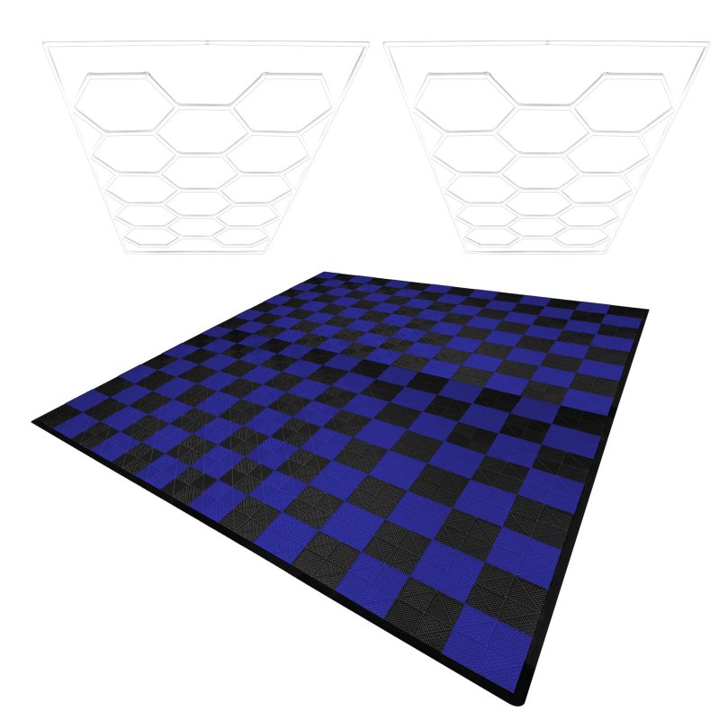 Vented Modular Interlocking Flooring Tiles 120 Black & 120 Blue With Edges & Hexagon LED Lighting 28 White Lights & Border 6500K 3 Mount Options & Suspended Ceiling Kit Single Garage Floor Mat 6m x 6m