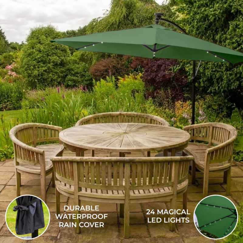 Green LED Cantilever Parasol 3m Banana Hanging Umbrella Garden Sun Shade Canopy Patio Outdoor 360 Rotation Tilt UV Protection Winding Crank 24 Solar Powered Cool White LED Lights Waterproof Rain Cover