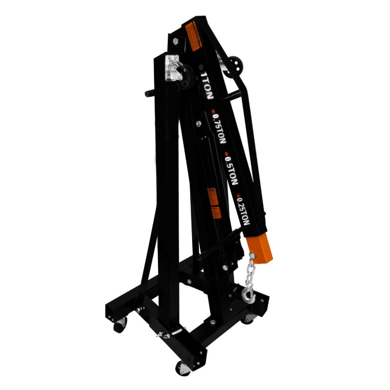 Engine Crane 1 Tonne Ton 1000kg Hydraulic Pump Handle Folding Legs Hoist Lift Jack Stand Handle 6 Portable Heavy Duty Wheels Workshop Garage 4 JIB Positions Chain Hook Black Powder Coated Steel