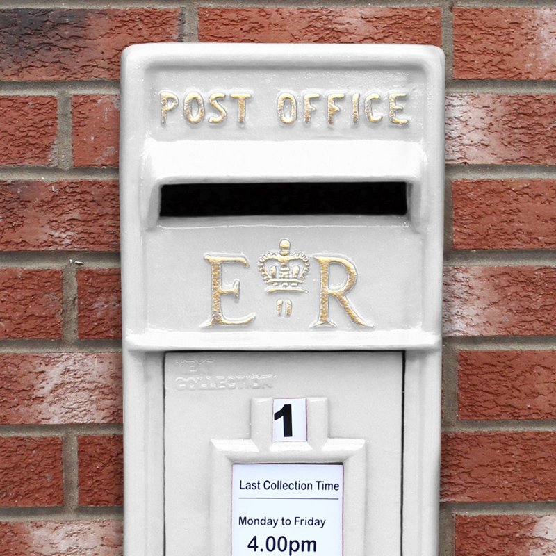 Royal Mail Post Box ER Cast Iron Wall Mounted Wedding Authentic Pillar Replica Lockable Post Office Letter Box White