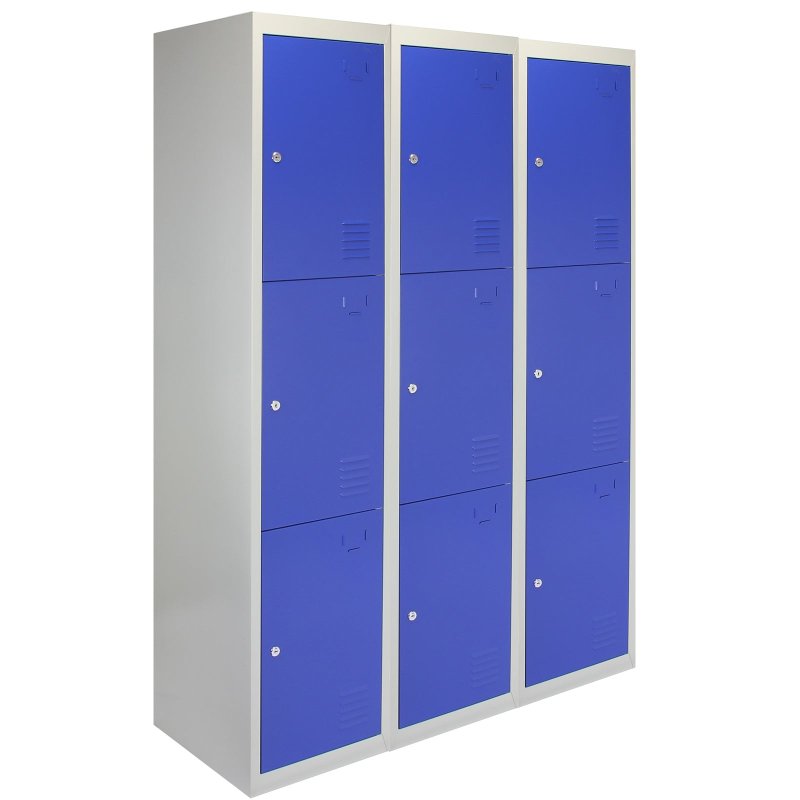 MonsterShop 3 x Blue 3 Door Metal Storage Lockers, Blue & Grey Steel Lockable Unit, Gym Changing Room School Staff Locker